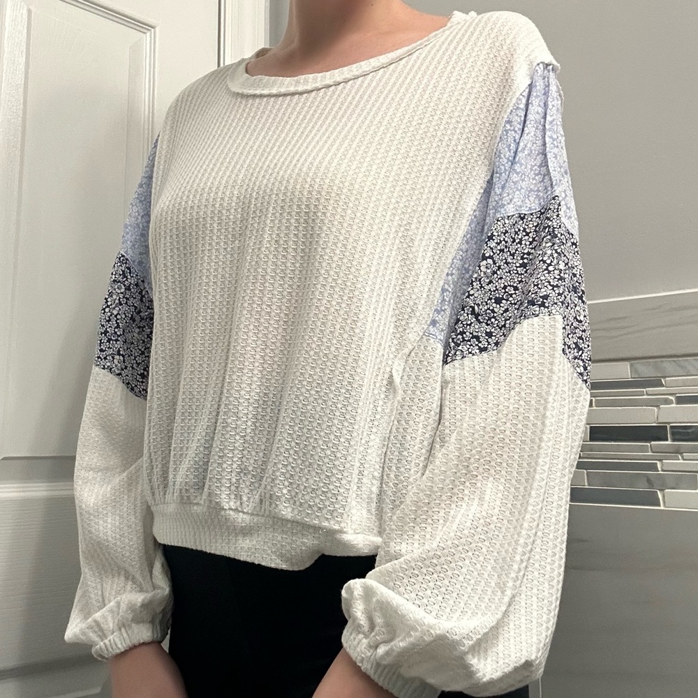 Elegant White and Blue Patchwork Blouse
